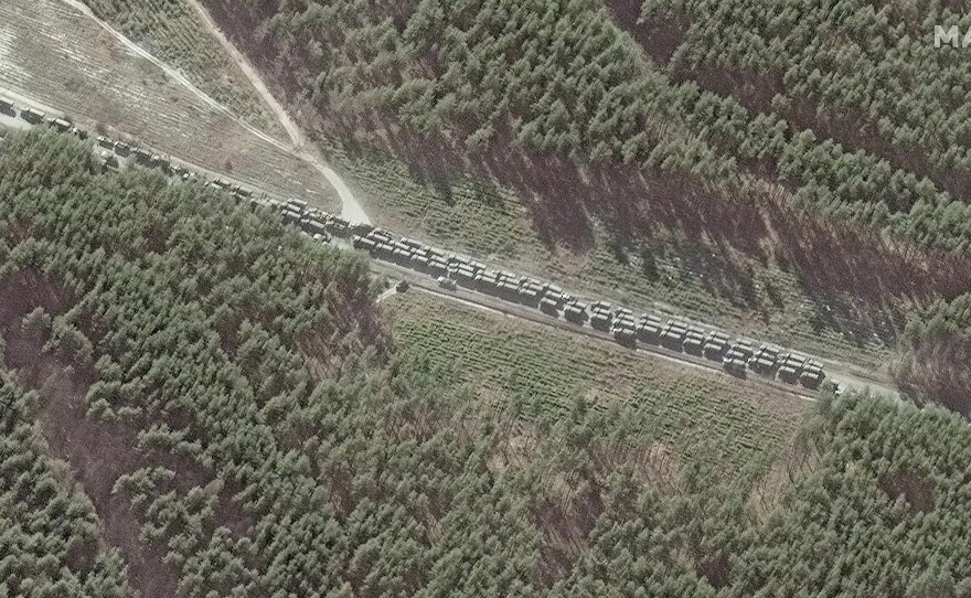 Satellite imagery of the northern end of the Russian convoy southeast of Ivankiv, Ukraine, on Feb. 28.