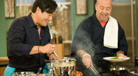 Host Ming Tsai cooking with guest chef Andrew Zimmern in season nine of "Simply Ming."