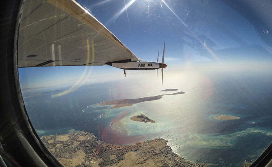 From the cockpit of Solar Impulse 2: landing in Abu Dhabi, United Arab Emirates.