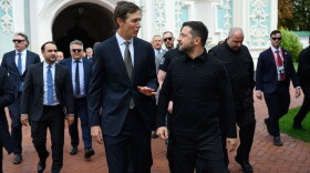 In this photo provided by the Ukrainian Presidential Press Office, Ukraine's President Volodymyr Zelenskyy, right, and U.S. President Donald Trump's envoy Jared Kushner talk in Kyiv, Ukraine, Sunday, Sept. 6, 2026.