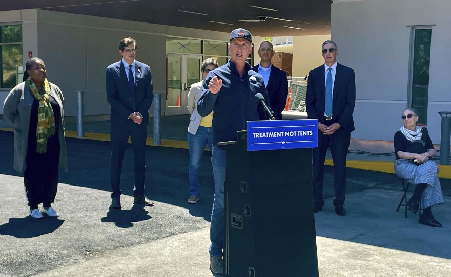 California Gov. Gavin Newsom makes an announcement on Tuesday, May 14, 2024, in San Mateo, Calif.