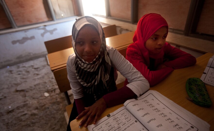 An English class in the Tawargha refugee camp. Students here are studying a new history textbook that makes almost no mention of Gadhafi.