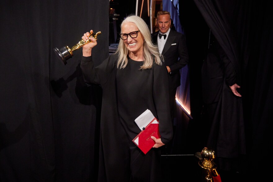 Jane Campion poses backstage with the Oscar® for Directing. March 27, 2022.