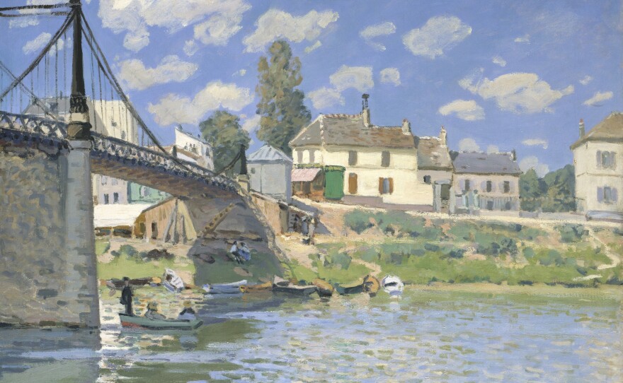 Durand-Ruel was unique in that he would buy out an artist's studio right at the outset. He bought 29 of Alfred Sisley's paintings in the very first year that he met him. Above, Sisley's 1872 <em>The Bridge at Villeneuve-la-Garenne.</em>