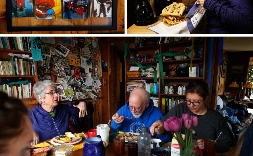 Brunch is served — including homemade sourdough waffles —  at the Wilbers' house in Sitka.