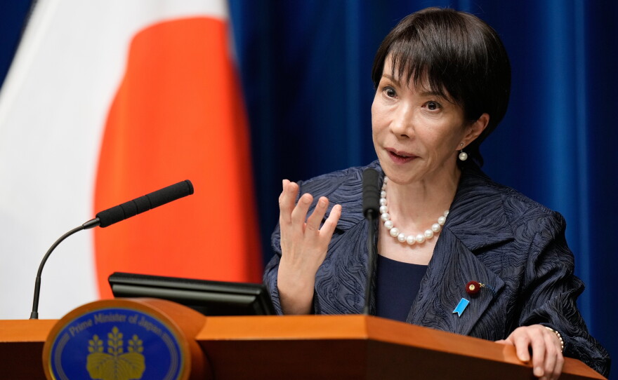 FILE - Japan's new Prime Minister Sanae Takaichi speaks during a press conference at the prime minister's office in Tokyo, on Oct. 21, 2025.