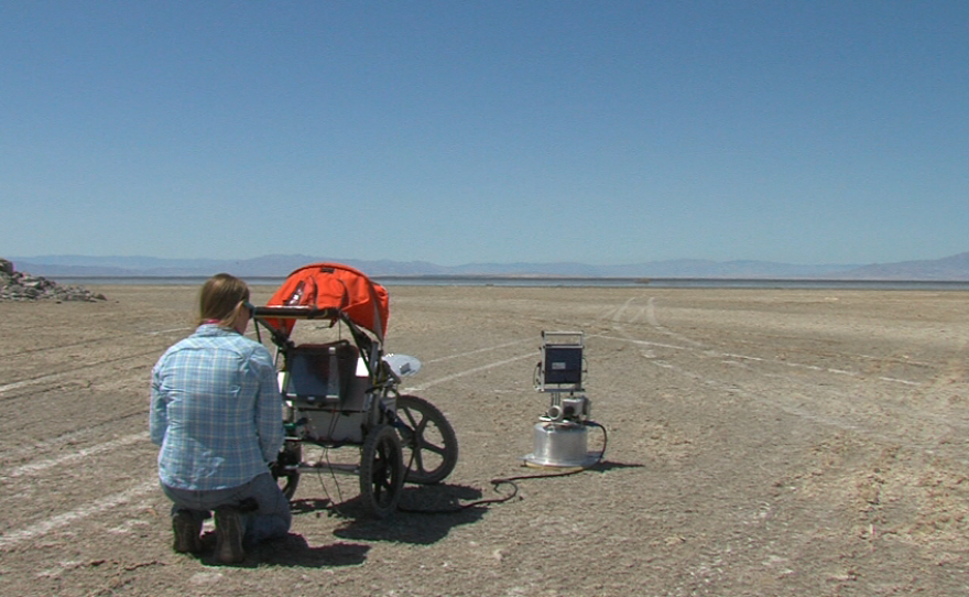 Jessica Lovecchio measures dust emissions near the Salton Sea, April 9, 2015.