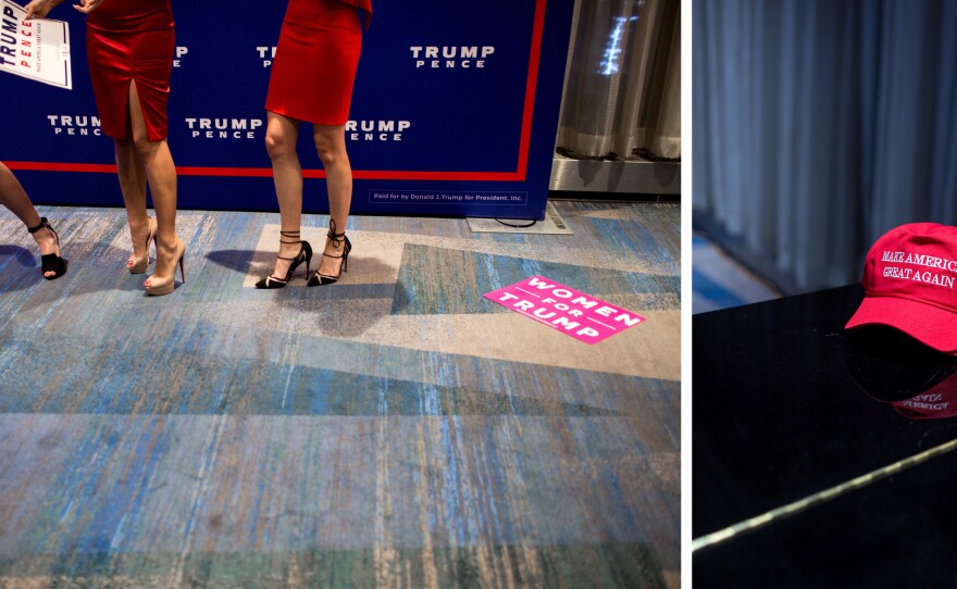 Supporters pose at the Trump victory party at the New York Hilton Midtown (left), where Trump supporters rallied with signs and other ephemera.