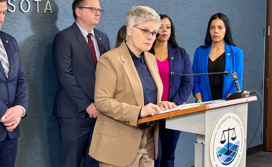 Hennepin County Attorney Mary Moriarty announces charges against an Immigration and Customs Enforcement agent related to a February incident on April 16, 2026 in Minneapolis, Minn.