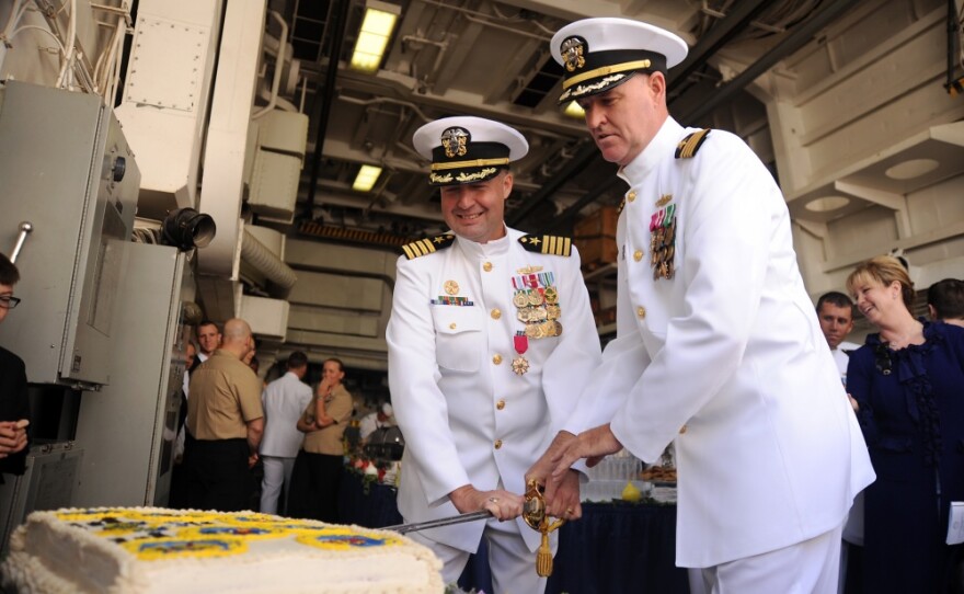 Capt. John Steinberger, right, and Capt. Michael L. Elliot during change of command ceremony at Naval Base San Diego, Oct 12, 2012.