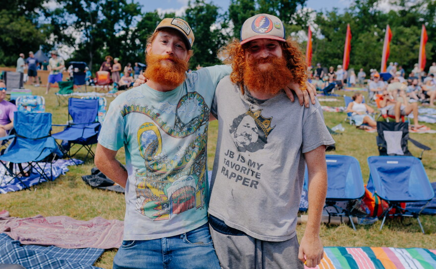 Twins Keith and Nate Chapman, 34, pose for a photo at All Good Now festival ahead of Dark Star Orchestra's set. "We discovered the Grateful Dead on our own, no one older in our family ever came across that, so it was something very unique to us. We had a friend that dragged us to a show when we were like 18 and it changed my life. Jerry saved my life. In this community you can just be free, be yourself." said Keith. Nate added, "It made me way more social, I was scared of everyone, but everyone here is my friend, as soon as I got here I felt welcomed."