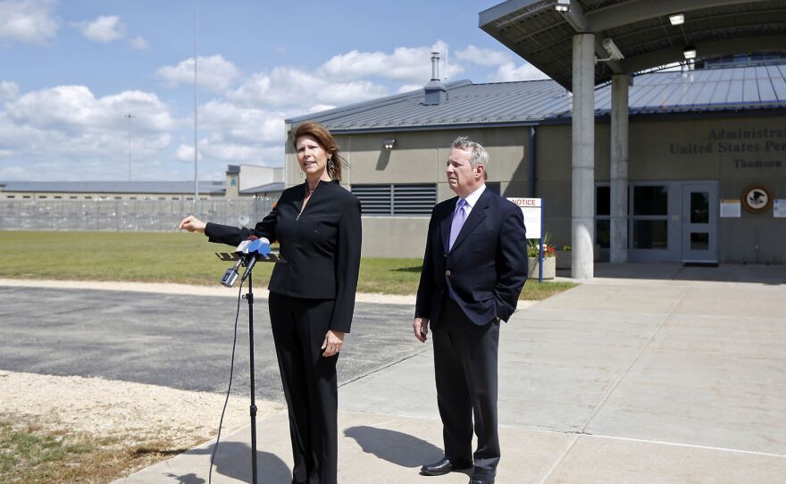 U.S. Rep. Cheri Bustos, D-Ill., and Sen. Dick Durbin, D-Ill., speak in front of U.S. Penitentiary, Thomson on Aug. 18, 2017.