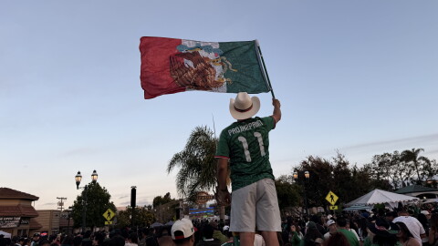 A soccer fan wearing a Mexican national team jersey waves the country's flag during a FIFA World Cup watch party in Chula Vista on June 19. 2026.
