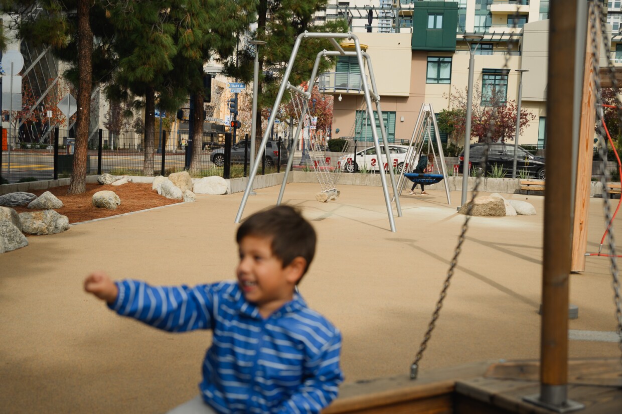 Nolan, 3, plays at a park near his home in downtown San Diego. Jan. 23, 2024.