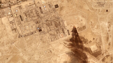 This satellite image provided by Planet Labs PBC on July 27, 2026 shows smoke rising from the Saudi Aramco oil processing facility in Abqaiq, Saudi Arabia, 2026.