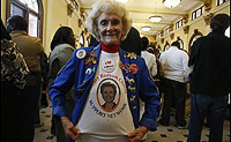 Mary Elizabeth Stevens from Biloxi, Miss., shows off her support for Democratic presidential hopeful Sen. Hillary Clinton at a campaign rally at the Hattiesburg train depot in Mississippi on March 7.