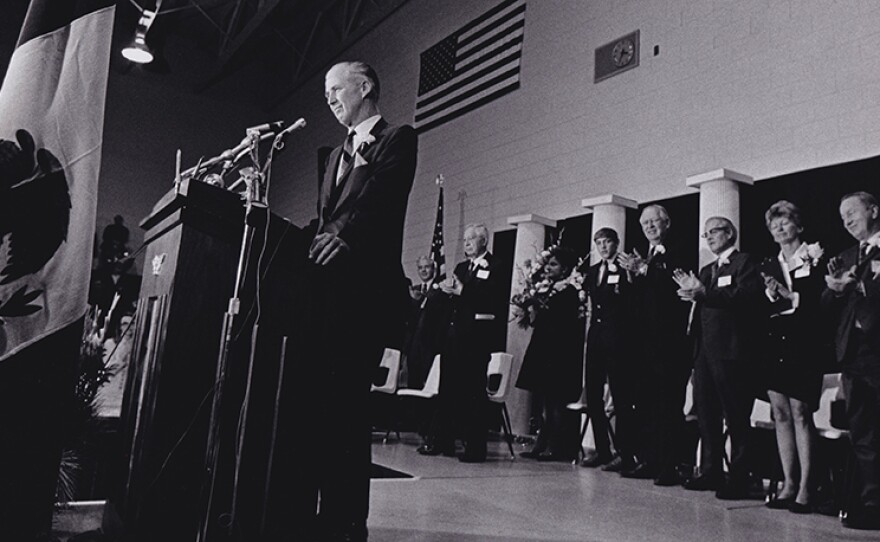 Norman Borlaug at the podium at a reception in Iowa after receiving the Nobel Prize. 1970.