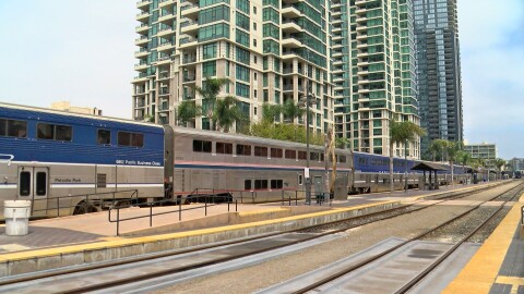 Several cars of a Surfliner train at Santa Fe Depot are shown on April 28, 2023.