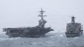 Nimitz-class aircraft carrier USS Abraham Lincoln (CVN 72), conducts a replenishment-at-sea with fleet replenishment oiler USNS Henry J. Kaiser (T-AO 187), Aug. 16, 2026. Abraham Lincoln is deployed to the U.S. 5th Fleet area of operations to support maritime security and stability in the Middle East.