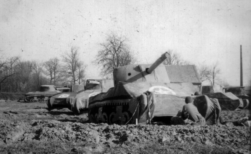 This photo provided by the Ghost Army Legacy Project shows inflatable tanks in March, 1945.