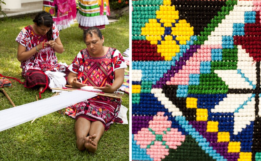 Weavers make <em>huipiles</em>, a detail of which can be seen at right. <em>Huipiles</em> have been worn by indigenous women in Mexico and Central America since before the era of Spanish colonialism.