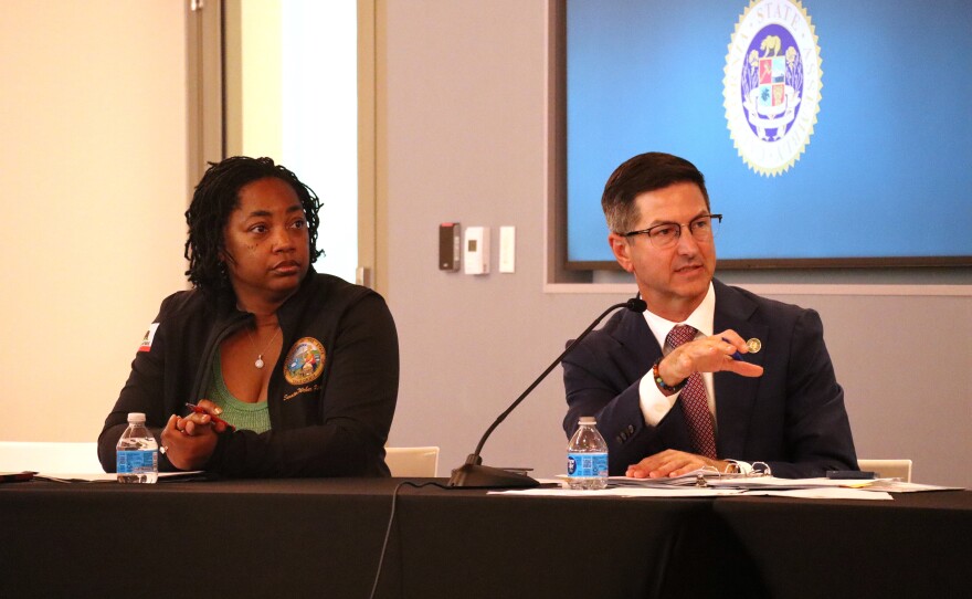 California Sen. Akilah Weber Pierson (D-39) and Assemblyman Chris Ward (D-78) attend an informational hearing of the State Assembly’s Committee on Arts, Entertainment, Sports and Tourism at KPBS on Wednesday, Nov. 12, 2025.