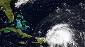 In this handout GOES satellite image provided by the National Oceanic and Atmospheric Administration (NOAA), Irene reaches hurricane strength as it moves across Puerto Rico towards Hispaniola August 22, 2011 in the Caribbean Sea. 