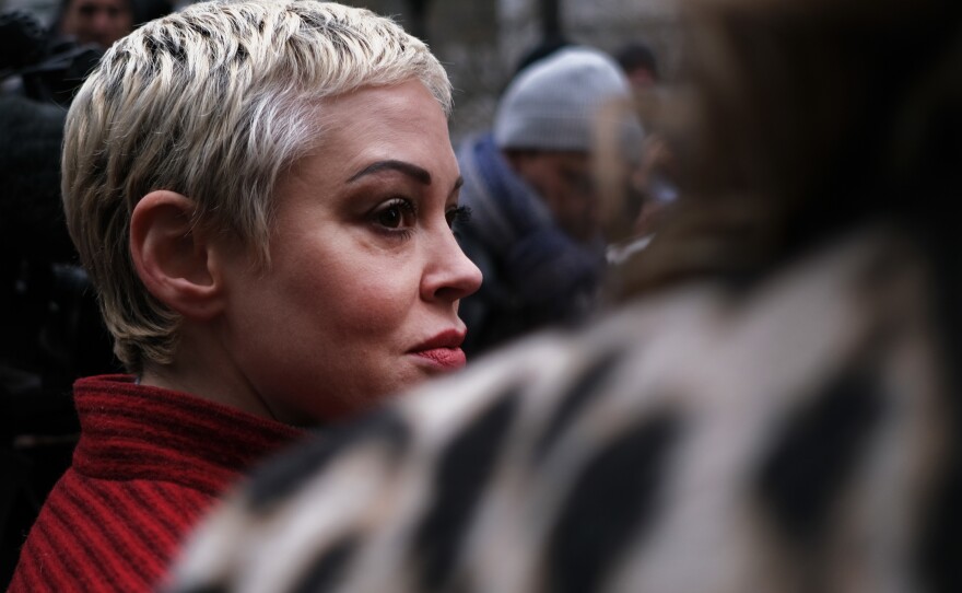Actress Rose McGowan, who accused Weinstein of raping her more two two decades ago and then of destroying her career, joins other accusers and protesters as Harvey Weinstein arrives at a Manhattan court house for the start of his trial on January 06, 2020 in New York City.