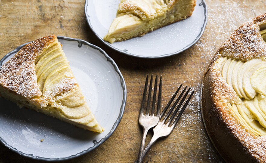 German Apple Cake (Apfelkuchen), which has a rich crumb thanks to almond paste and an elegant design from sliced apples.