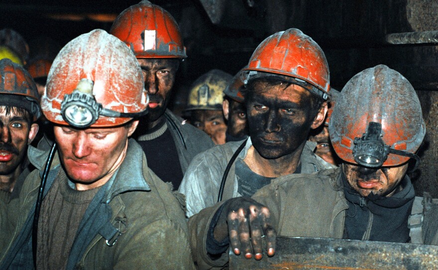 Miners pack up and leave after a long days work at the Skochinski coal mine on April 3, 2001 in Donetsk, Ukraine. Modern Donetsk is one of the largest metallurgical centers of Ukraine.