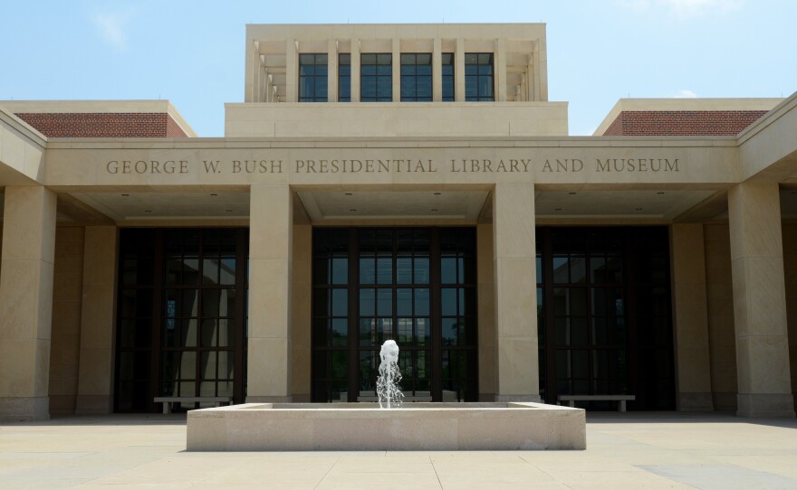 The main entrance courtyard at the George W. Bush Presidential Library and Museum in Dallas. The museum uses everything from news clips to interactive screens to artifacts to tell the story of Bush's eight years in office.