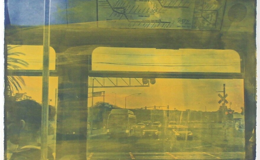 Ellie Vanden Busch's "Nike Socks on the Trolley," cyanotype and oil on paper, 2020.