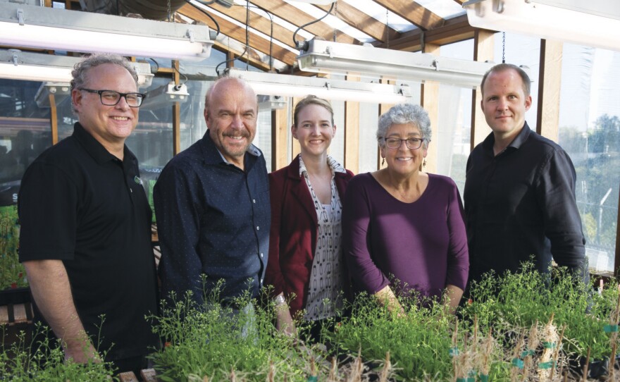 Members of The Salk Institute's plant biology team for the Harnessing Plants Initiative are pictured left to right, biochemist Joseph Noel, molecular biologist Joseph Ecker, geneticist Julie Law, biologist and geneticist Joanne Chory and molecular biologist Wolfgang Busch, in this undated photo.