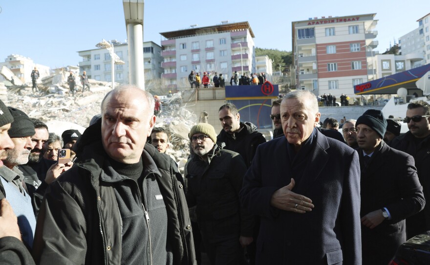Turkey's President Recep Tayyip Erdogan <a href="https://www.npr.org/2023/02/13/1156512284/turkey-earthquake-erdogan-building-safety">visited the city center</a> two days after the destructive Feb. 6 earthquake in Kahramanmaras, southern Turkey.