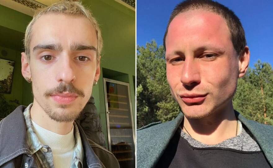 Bohdan Moroz, left, and Vlad Shast are LGBTQ Ukrainians. Moroz was evacuated to Berlin before conscription took effect. Shast is in Kyiv gathering supplies for the Ukrainian soldiers.