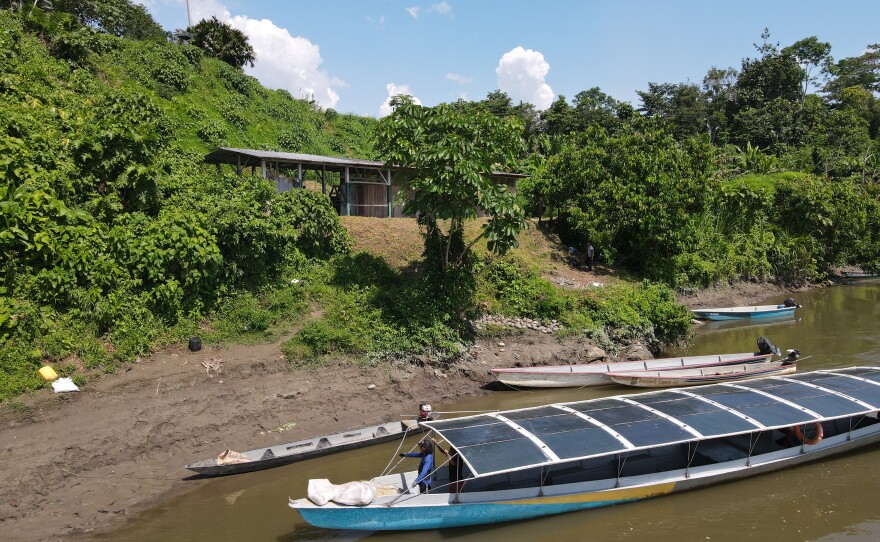 A solar boat at the village of Sharamentsa.