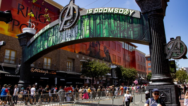 The Gaslamp District sign is wrapped in "Avengers: Doomsday" branding during San Diego Comic-Con on July 23, 2026.
