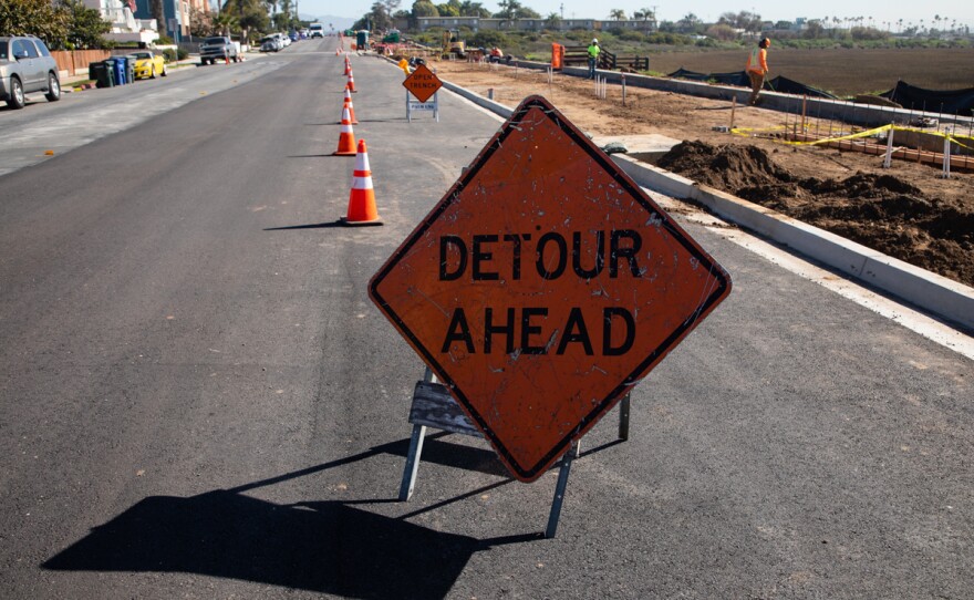 A road sign directs motorists away from ongoing construction on the Imperial Beach Boulevard Enhancement Project, which is partially funded with money from the gas tax, Jan. 30, 2020.
