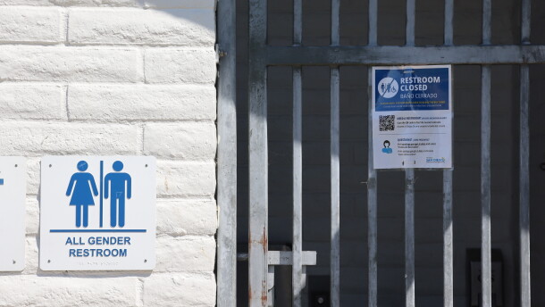 The entrance to a shuttered bathroom in Mission Bay Park is shown on Aug. 12, 2026.