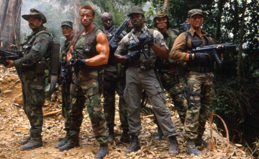 Three of the six cast members shown here on the set of the 1987 film "Predator" would later run for governor in their home states. Two of them, Jesse Ventura and Arnold Schwarzenegger, won. Sonny Landham, second from right, lost.