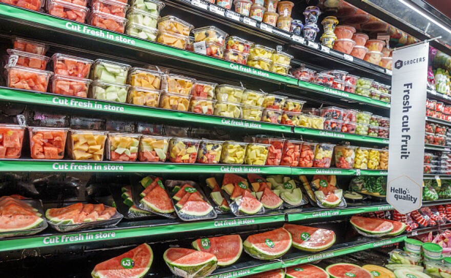 Miami, Florida, Winn-Dixie grocery store, fresh cut fruit for sale in refrigerated case.