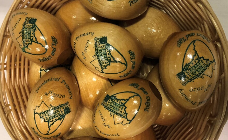 Attendees at a Politics & Eggs breakfasts go home with a souvenir — souvenir wooden eggs.