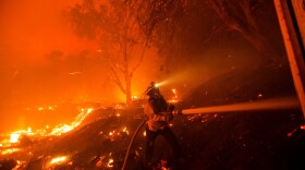 A firefighter works against the Lake Hughes fire in Angeles National Forest on Wednesday, Aug. 12, 2020, north of Santa Clarita Calif. 


