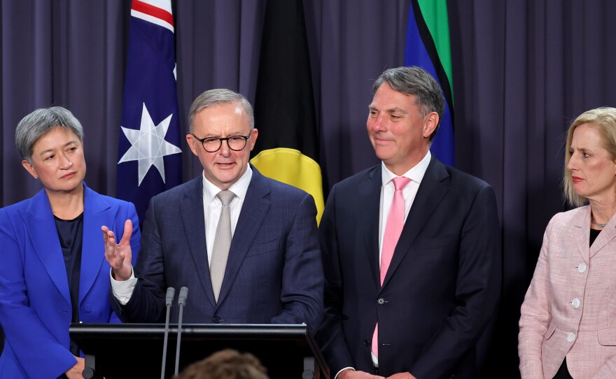 "This is the largest number of women who have ever served in an Australian Cabinet," Prime Minister Anthony Albanese said of his leadership picks. He's seen here last week, speaking alongside (from left) Finance Minister Penny Wong, Deputy Prime Minster Richard Marles and Finance Minister Katy Gallagher.