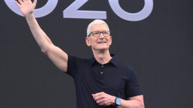 CEO Tim Cook waves during the annual World Wide Developers Conference at Apple's headquarters in Cupertino, Calif., Monday, June 8, 2026.