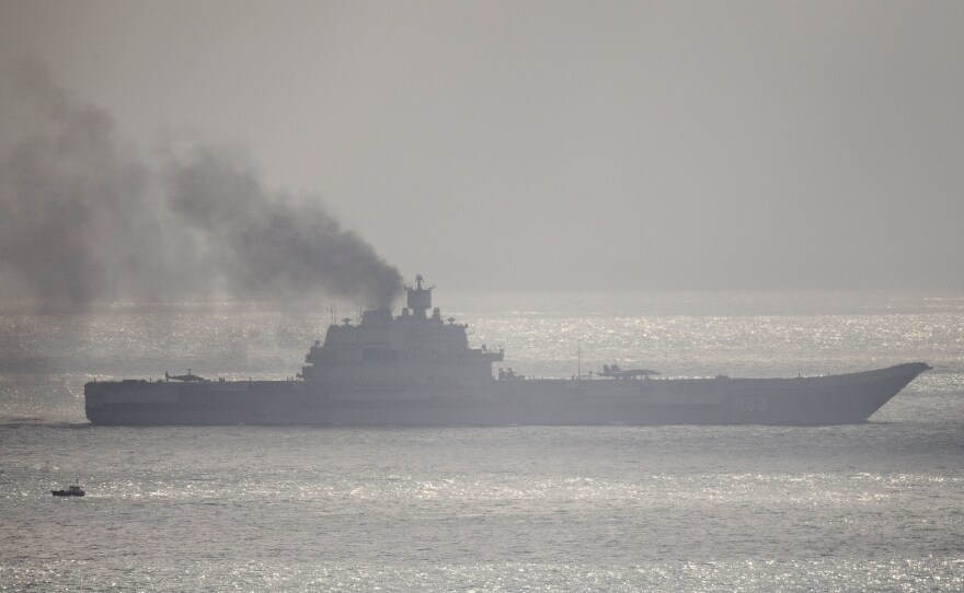 The Russian aircraft carrier Admiral Kuznetsov passed through the English Channel near Dover, England, on Friday. Several warships traveling with the aircraft carrier were planning to refuel at the Spanish port of Ceuta, but Russia has withdrawn its refueling request.