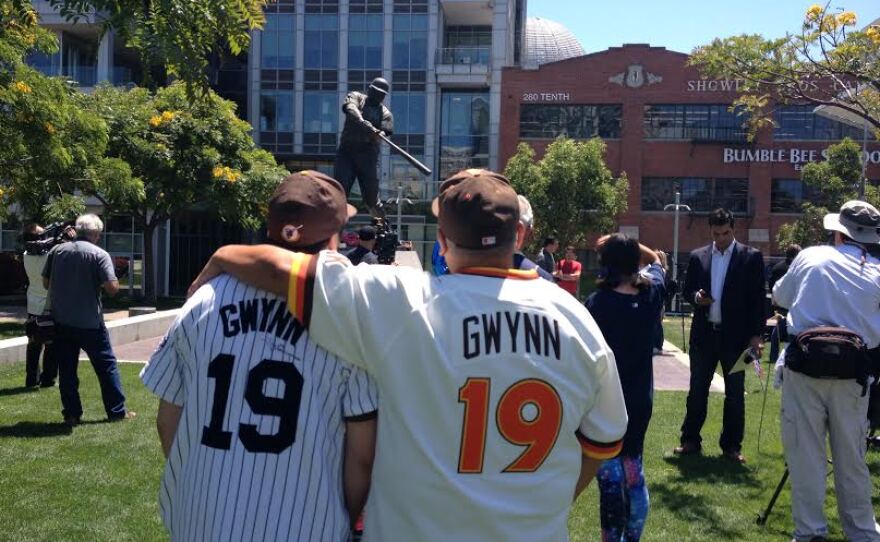 Cornelio Zumaya and his son Zachary pay tribute to Tony Gwynn at Petco Park, June 16, 2014.