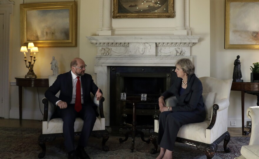 British Prime Minister Theresa May, right, hosts the President of the European Parliament Martin Schulz in London on Sept. 22.