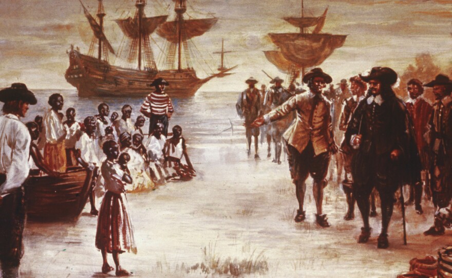 Engraving shows the arrival of a Dutch slave ship with a group of African slaves for sale, Jamestown, Virginia, 1619. (Hulton Archive/Getty Images)
