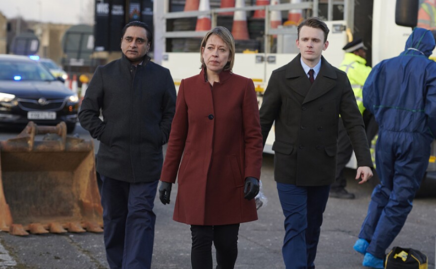 Pictured L-R: Sunny (SANJEEV BHASKAR), Cassie (NICOLA WALKER), and Collier (LEWIS REEVES).